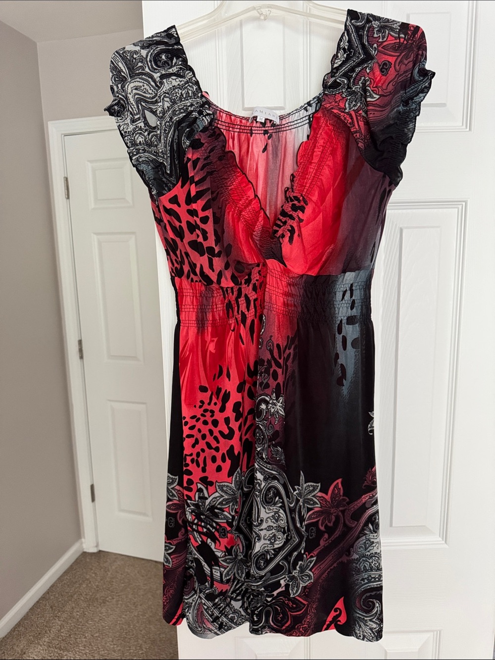 Red & Black Printed V-Neck Women’s Dress